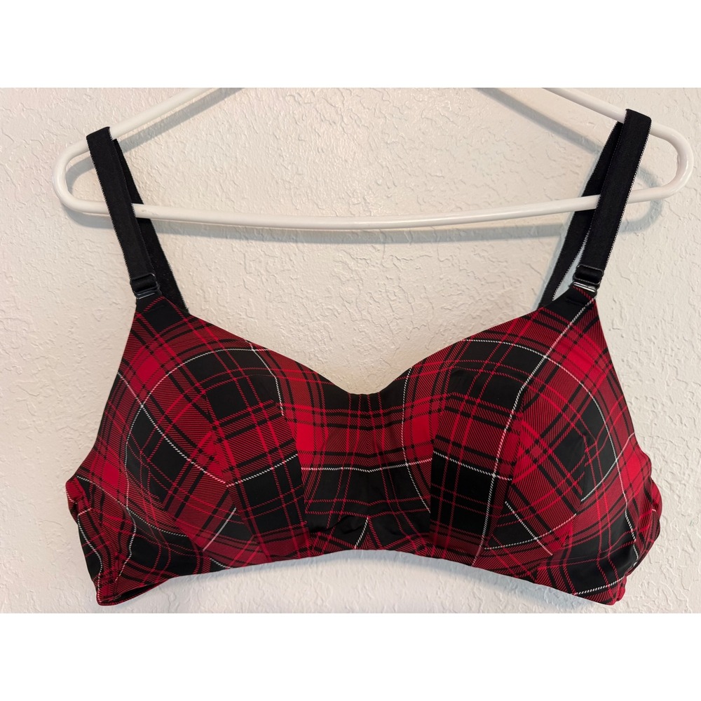 Torrid Curve Wire Free Bra 38B Red Black Plaid 360 Back Smoothing 15059142